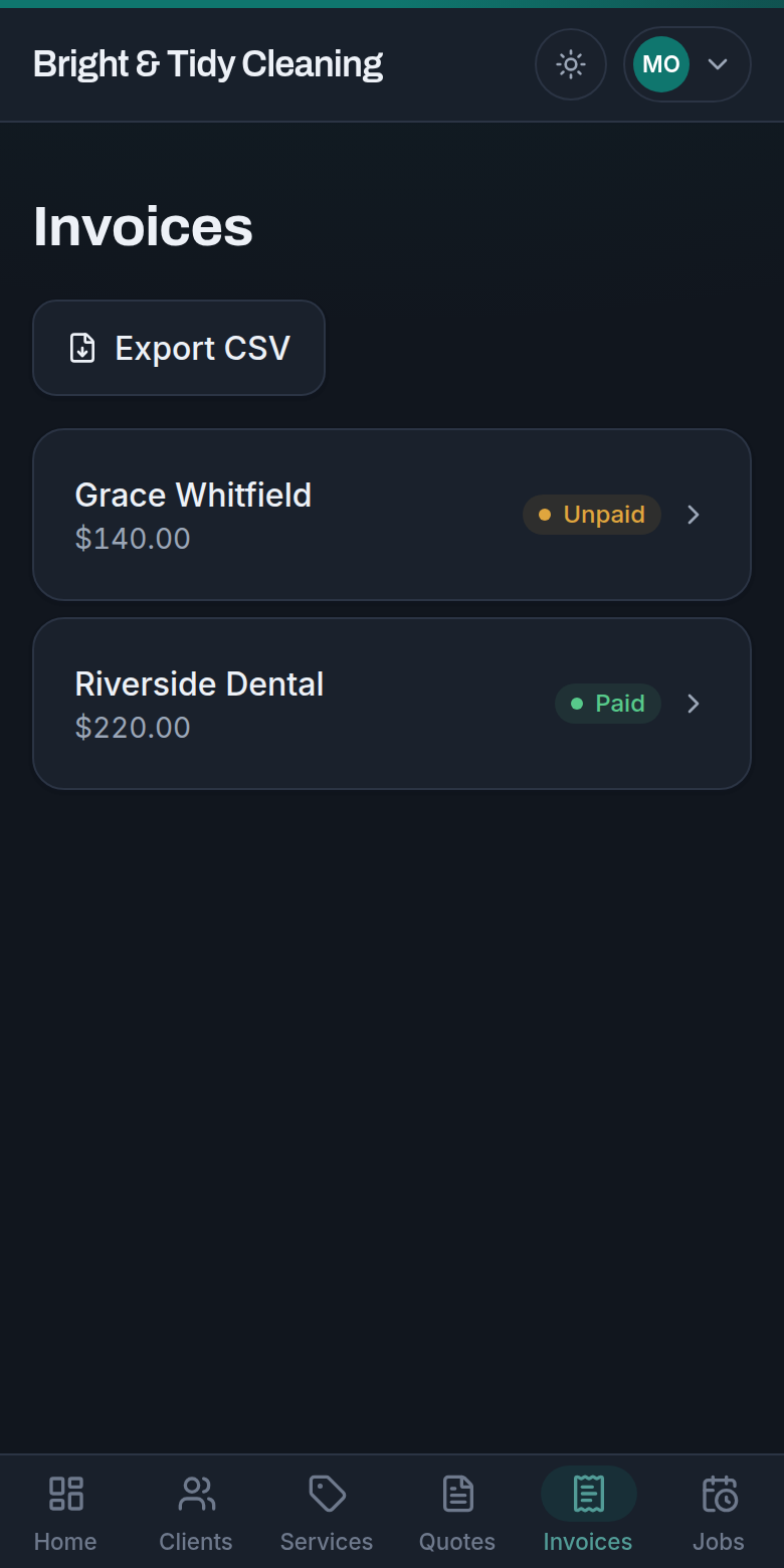 Invoice from the work you did — Toferon screenshot