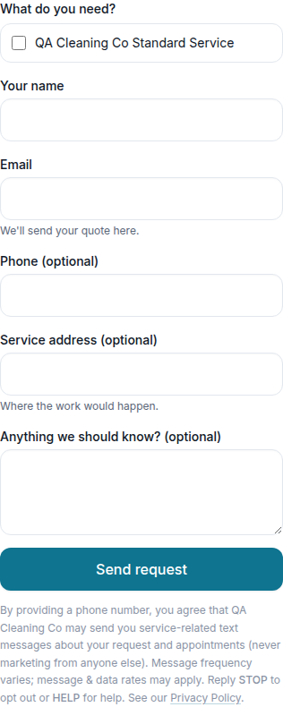 A service request form with SMS consent language displayed beneath the submit button